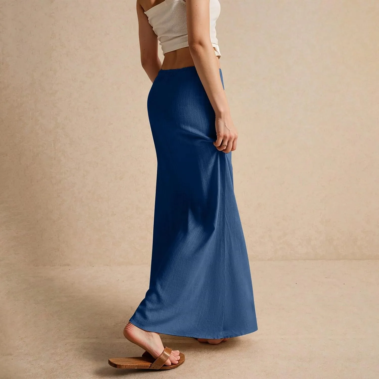 Women's Summer Maxi Linen Skirt Elastic Low Waist Drawstring A-Line Casual Skirts Boho Flowy Beach Long Skirts