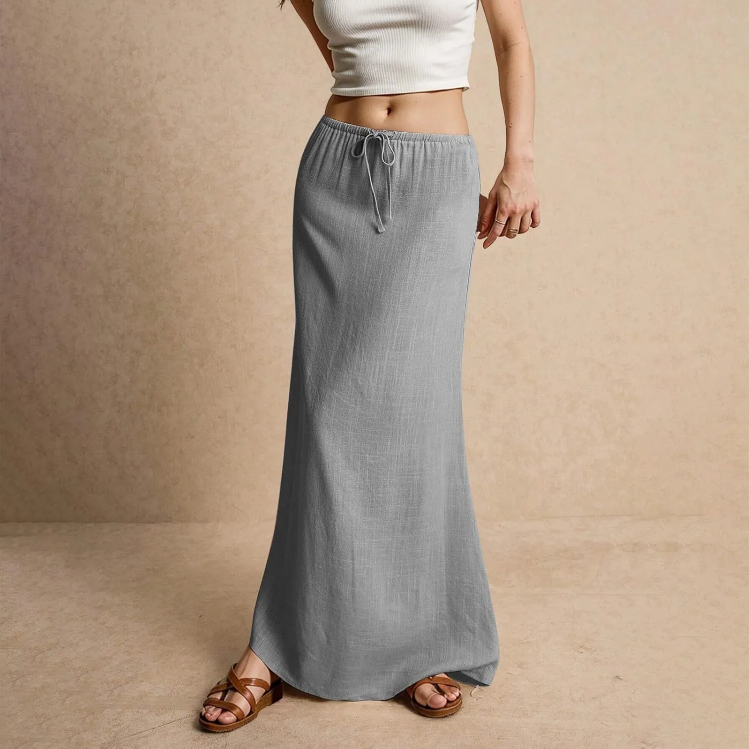 Women's Summer Maxi Linen Skirt Elastic Low Waist Drawstring A-Line Casual Skirts Boho Flowy Beach Long Skirts