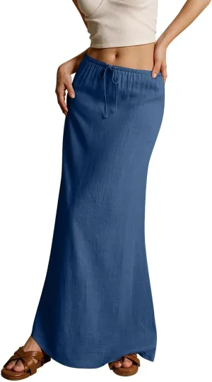 Women's Summer Maxi Linen Skirt Elastic Low Waist Drawstring A-Line Casual Skirts Boho Flowy Beach Long Skirts