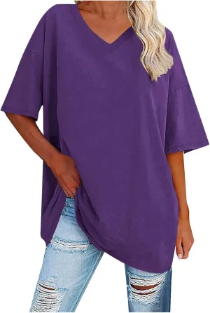 Women's Summer Oversized T-Shirts Short Sleeve Drop Shoulder Tops Casual V Neck Loose Fit Tees Solid Color Tunic Top