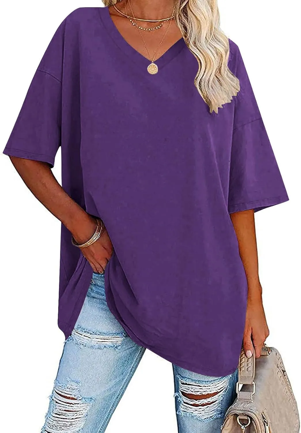 Women's Summer Oversized T-Shirts Short Sleeve Drop Shoulder Tops Casual V Neck Loose Fit Tees Solid Color Tunic Top