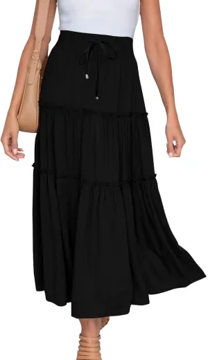 Women's Summer Skirt 2024 Boho Elastic High Waist Drawstring A Line Ruched Ruffle Swing Tiered Beach Casual Long Skirt