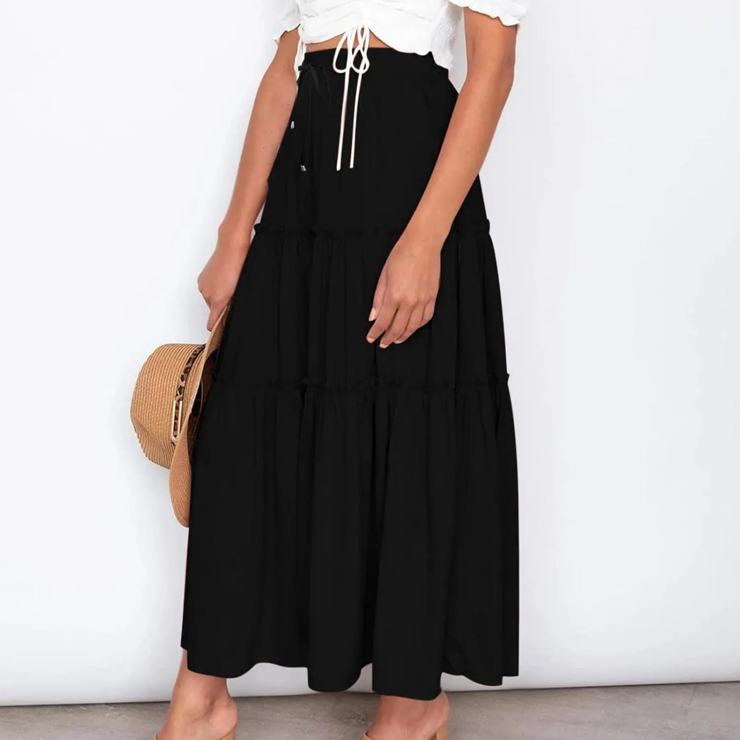 Women's Summer Skirt 2024 Boho Elastic High Waist Drawstring A Line Ruched Ruffle Swing Tiered Beach Casual Long Skirt