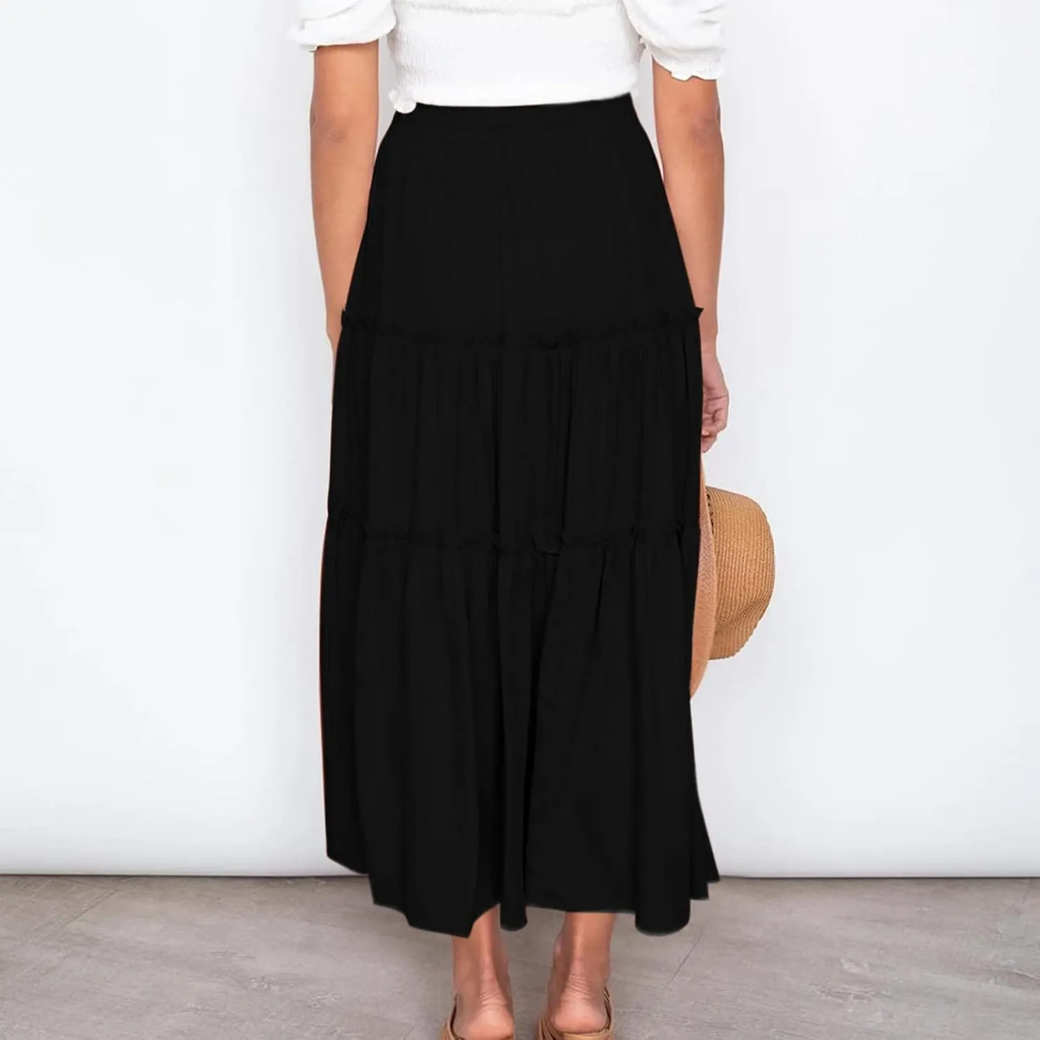 Women's Summer Skirt 2024 Boho Elastic High Waist Drawstring A Line Ruched Ruffle Swing Tiered Beach Casual Long Skirt
