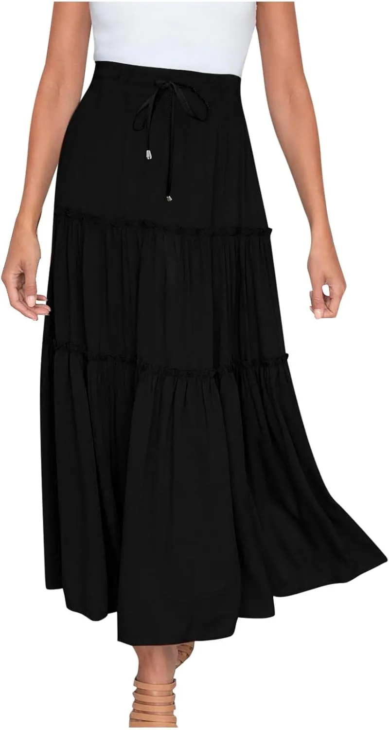 Women's Summer Skirt 2024 Boho Elastic High Waist Drawstring A Line Ruched Ruffle Swing Tiered Beach Casual Long Skirt