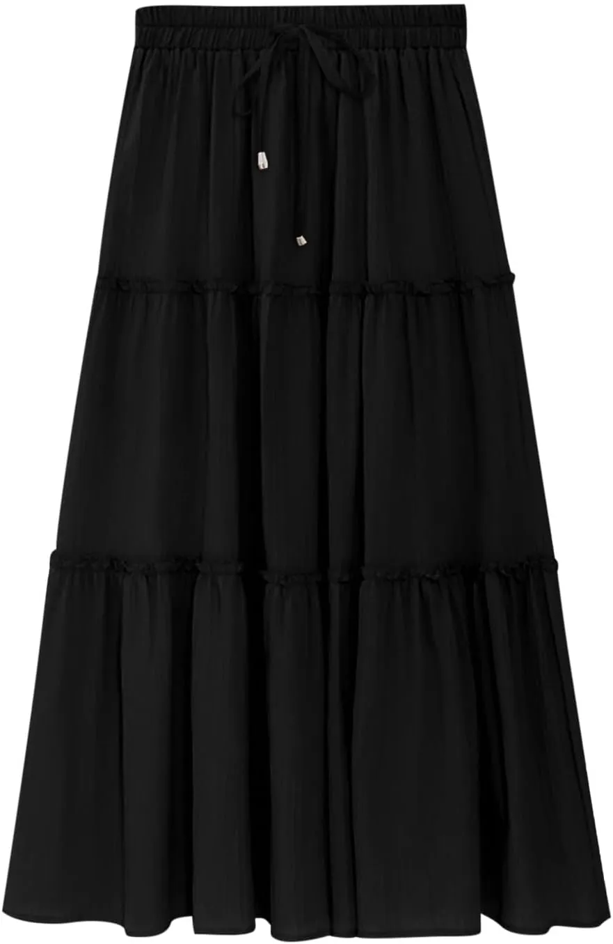 Women's Summer Skirt 2024 Boho Elastic High Waist Drawstring A Line Ruched Ruffle Swing Tiered Beach Casual Long Skirt