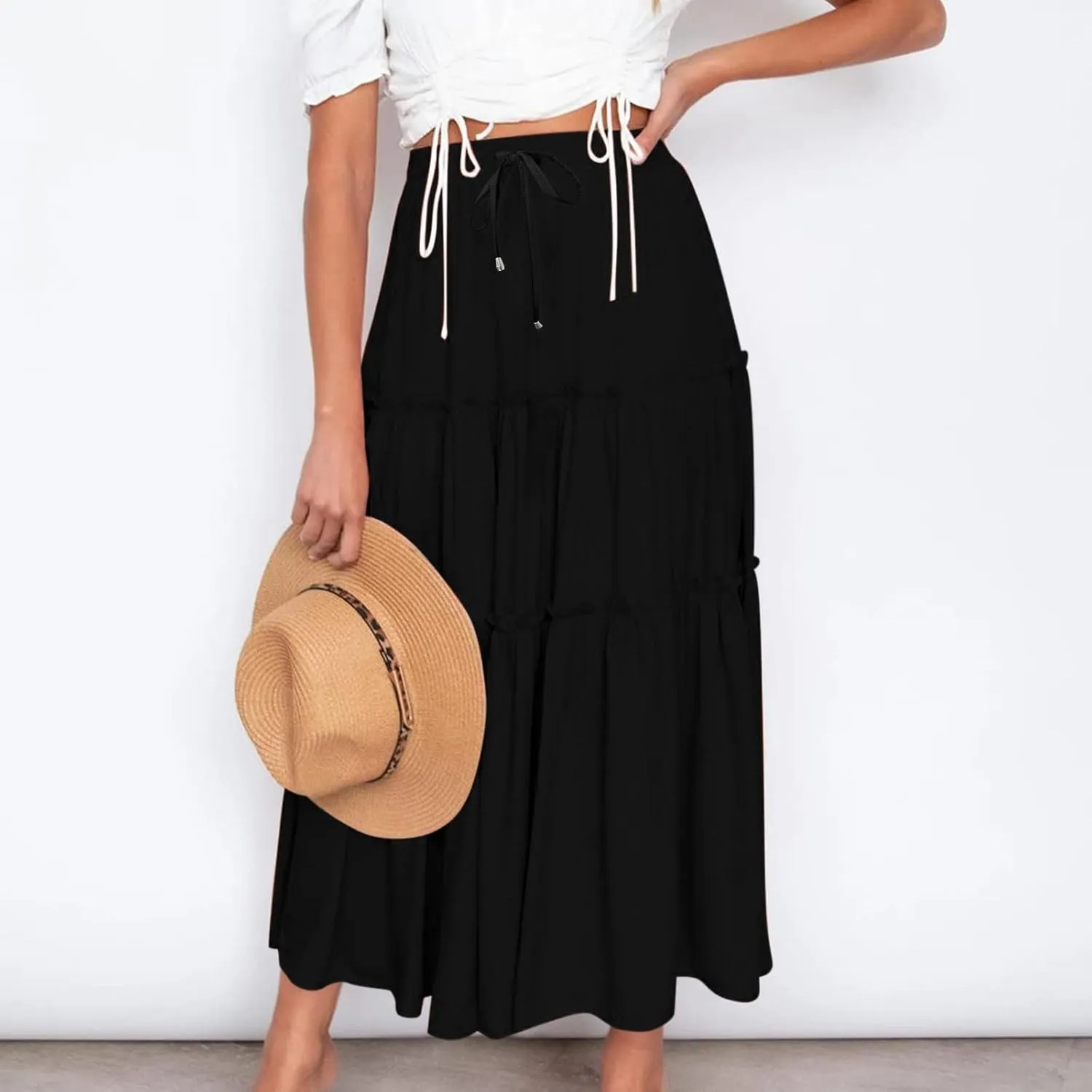 Women's Summer Skirt 2024 Boho Elastic High Waist Drawstring A Line Ruched Ruffle Swing Tiered Beach Casual Long Skirt