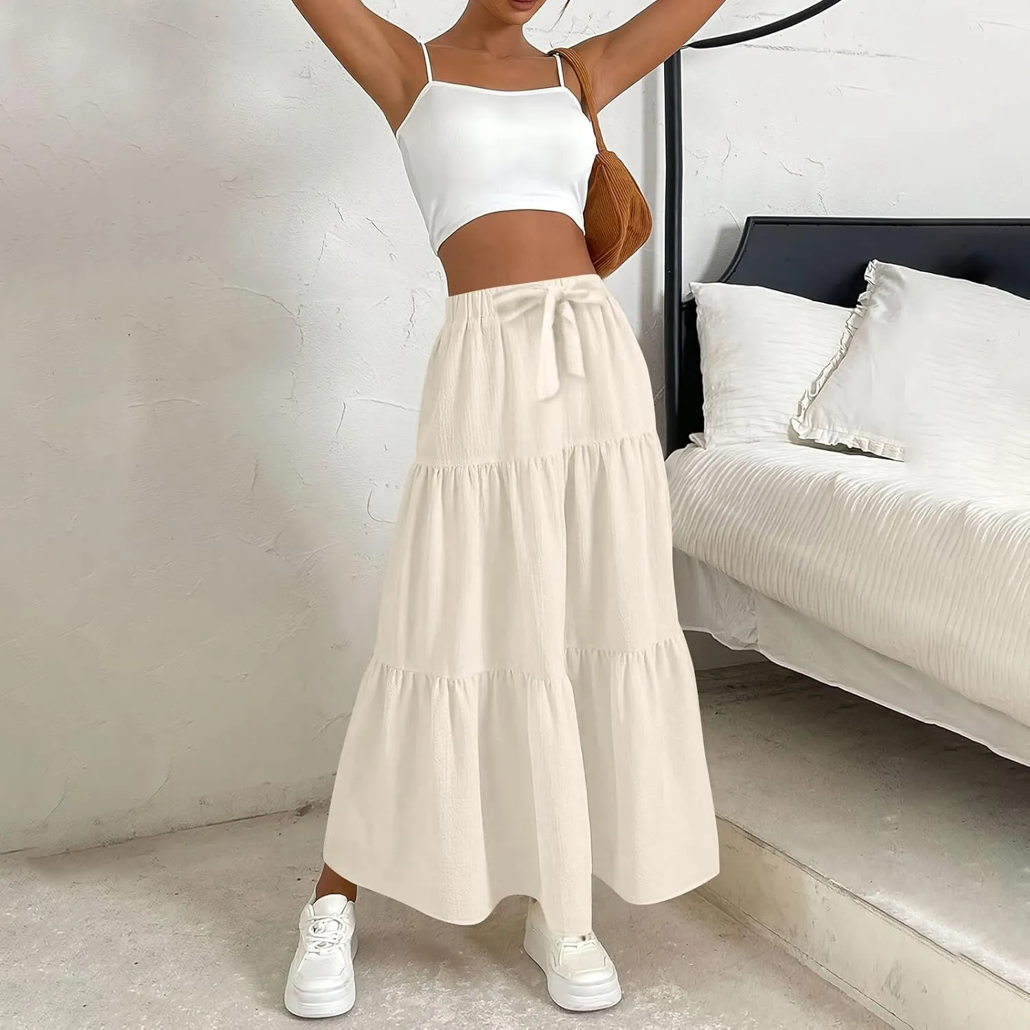 Womens Summer Skirt Beach Maxi Skirt Drawstring High Waisted Pleated Tiered A Line Skirts Trendy Long Flowy Skirts