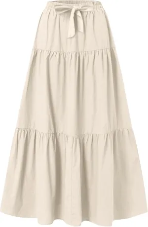 Womens Summer Skirt Beach Maxi Skirt Drawstring High Waisted Pleated Tiered A Line Skirts Trendy Long Flowy Skirts