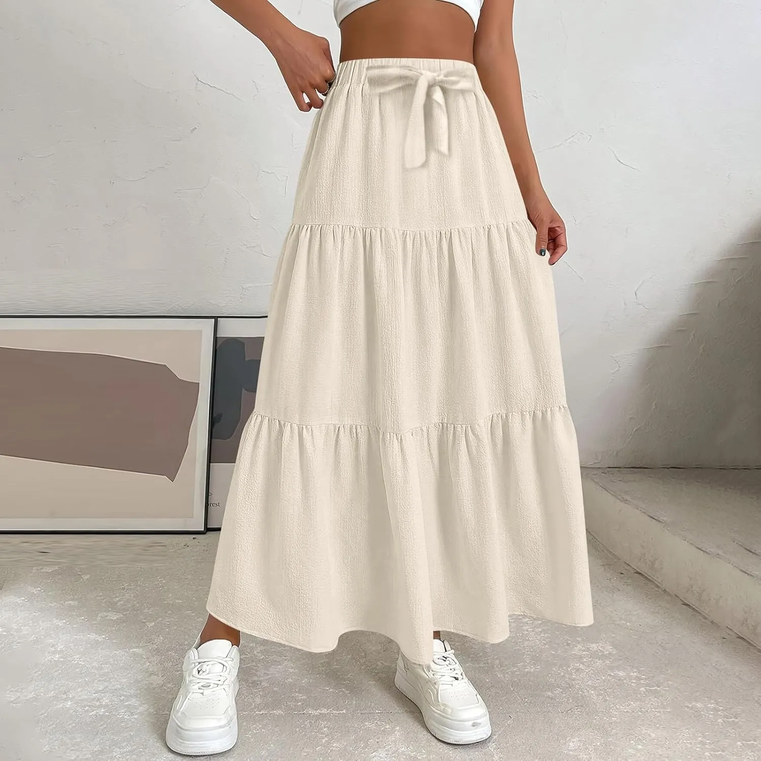 Womens Summer Skirt Beach Maxi Skirt Drawstring High Waisted Pleated Tiered A Line Skirts Trendy Long Flowy Skirts
