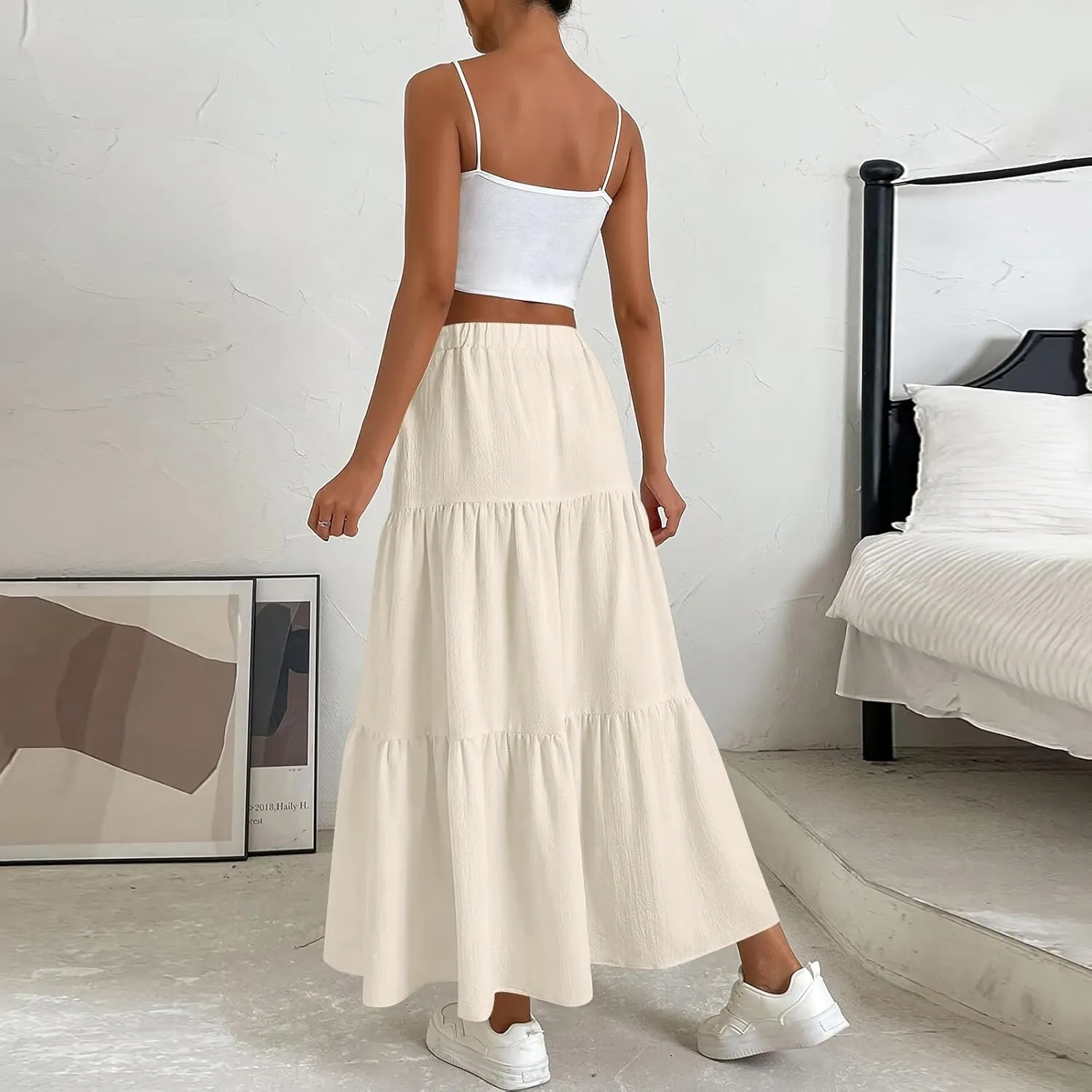 Womens Summer Skirt Beach Maxi Skirt Drawstring High Waisted Pleated Tiered A Line Skirts Trendy Long Flowy Skirts