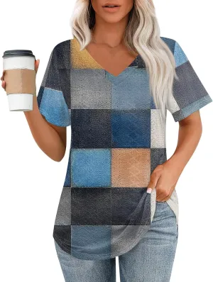 Womens T Shirts Fashion Casual V Neck Short Sleeve Tops Loose Fit Basic Tees with Curved Hem Summer Clothes 2025