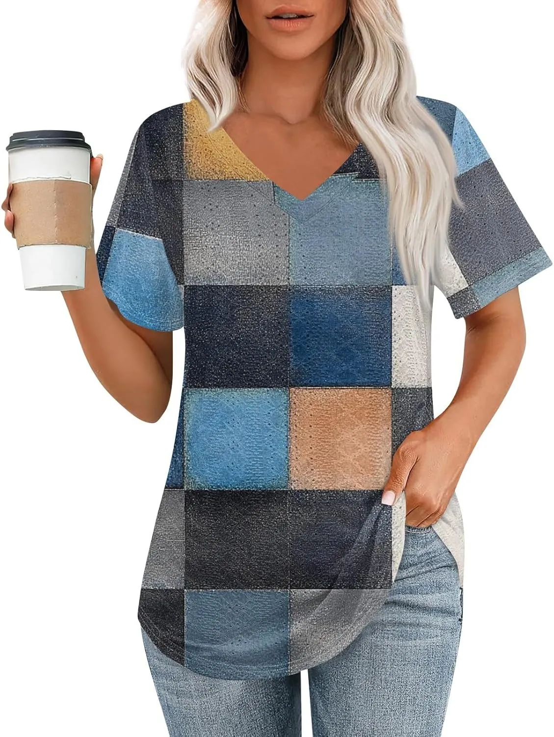 Womens T Shirts Fashion Casual V Neck Short Sleeve Tops Loose Fit Basic Tees with Curved Hem Summer Clothes 2025
