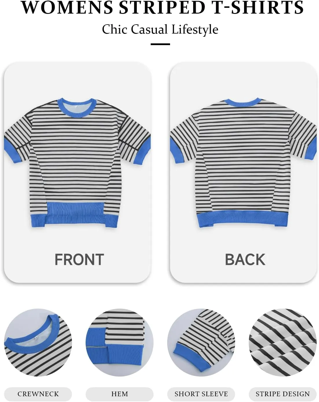 Womens Tops Casual Oversized Striped Short Sleeve T Shirts Crewneck Pullover Loose Blouse