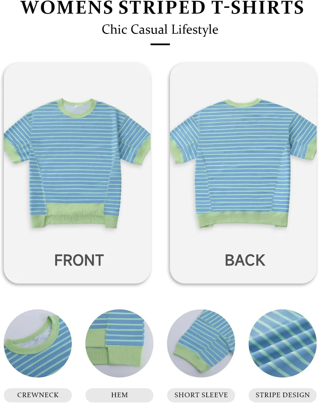 Womens Tops Casual Oversized Striped Short Sleeve T Shirts Crewneck Pullover Loose Blouse