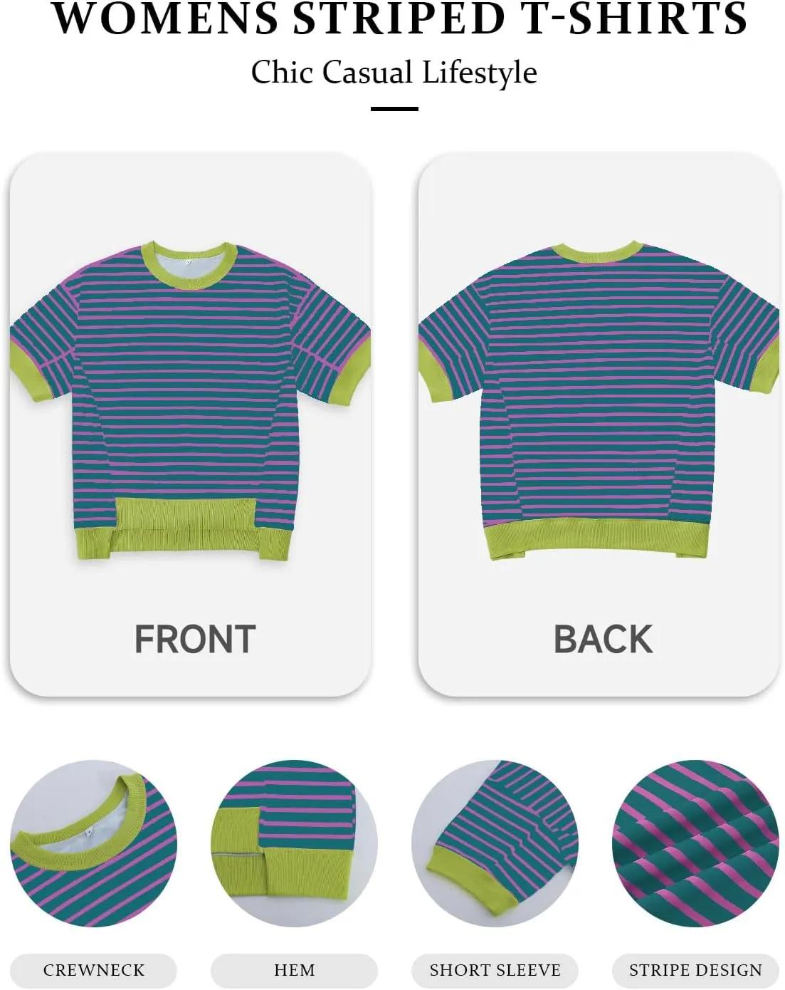 Womens Tops Casual Oversized Striped Short Sleeve T Shirts Crewneck Pullover Loose Blouse