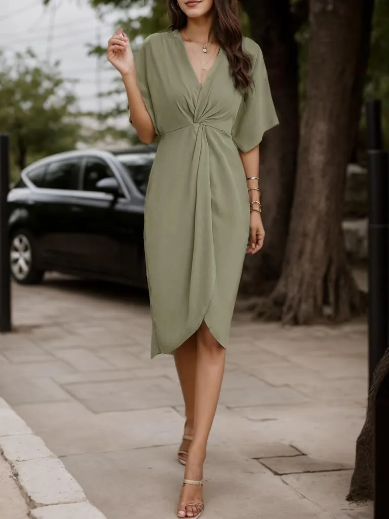 Women's V Neck Wrap Twist Front Split Short Sleeve Dresses Casual Loose High Waist Solid Tunic Summer Midi Party Dress