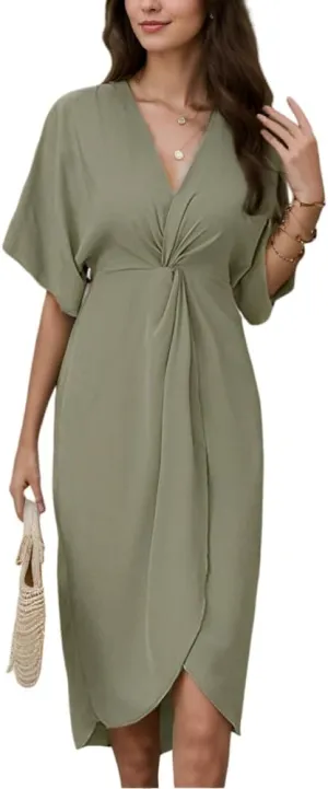 Women's V Neck Wrap Twist Front Split Short Sleeve Dresses Casual Loose High Waist Solid Tunic Summer Midi Party Dress