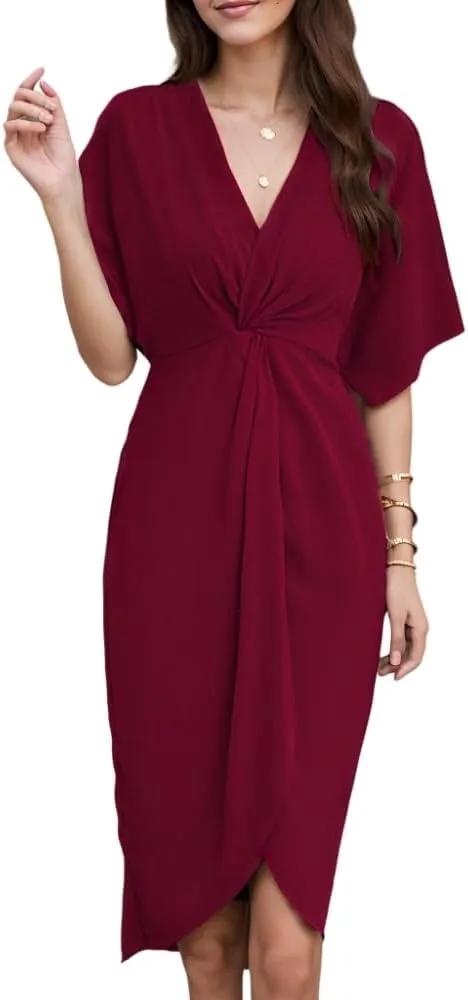 Women's V Neck Wrap Twist Front Split Short Sleeve Dresses Casual Loose High Waist Solid Tunic Summer Midi Party Dress