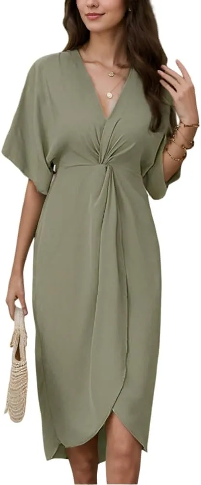 Women's V Neck Wrap Twist Front Split Short Sleeve Dresses Casual Loose High Waist Solid Tunic Summer Midi Party Dress
