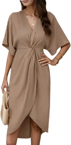 Women's V Neck Wrap Twist Front Split Short Sleeve Dresses Casual Loose High Waist Solid Tunic Summer Midi Party Dress