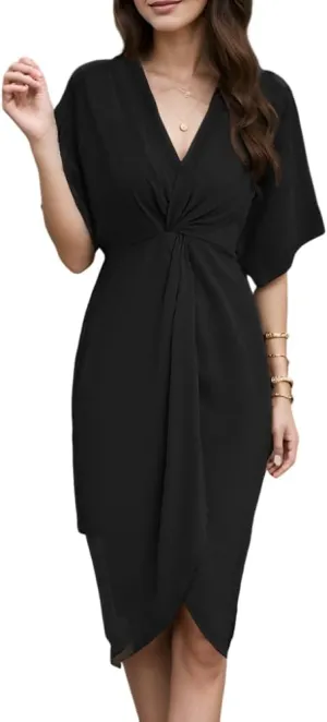 Women's V Neck Wrap Twist Front Split Short Sleeve Dresses Casual Loose High Waist Solid Tunic Summer Midi Party Dress