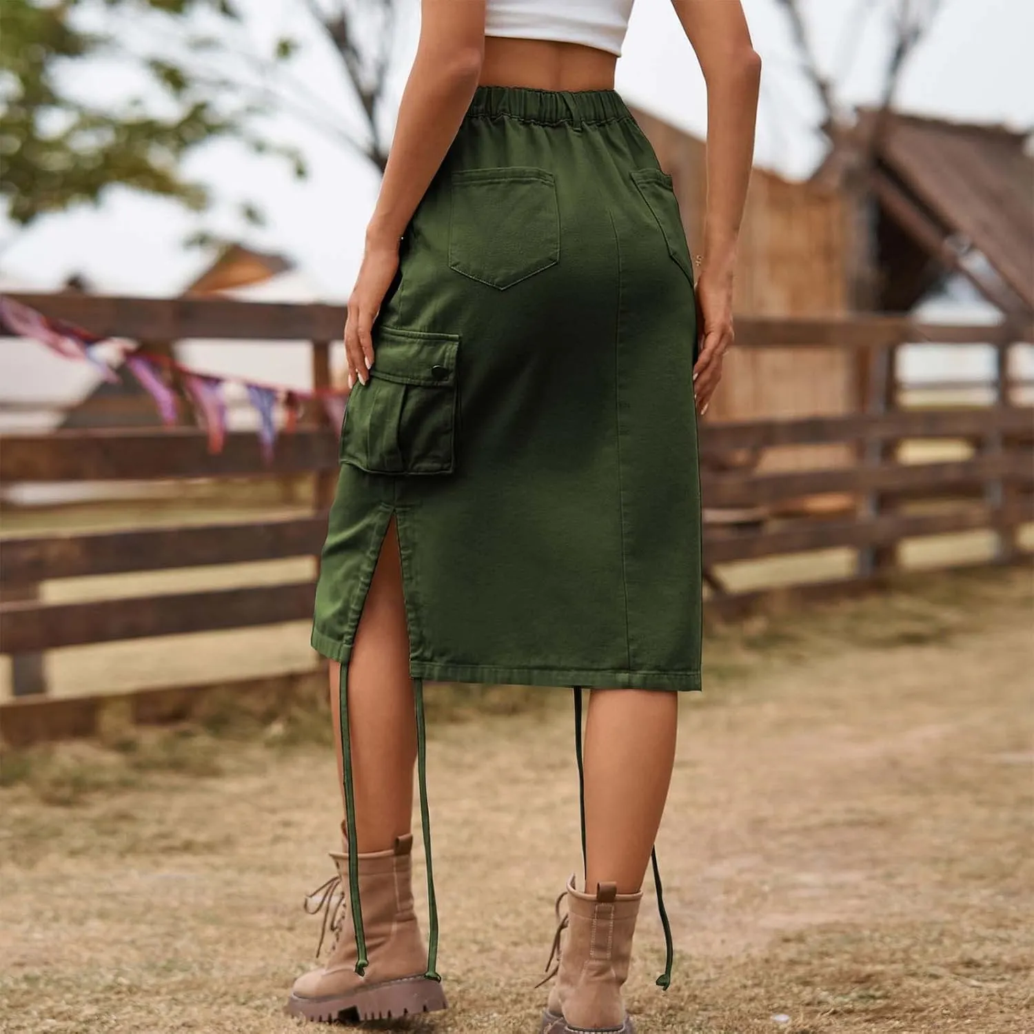 Women's Vintage 90s Midi Denim Skirt Drawstring Stretchy Zipper Pocket Drawstring Jean Skirt Pencil Long Cargo Skirt