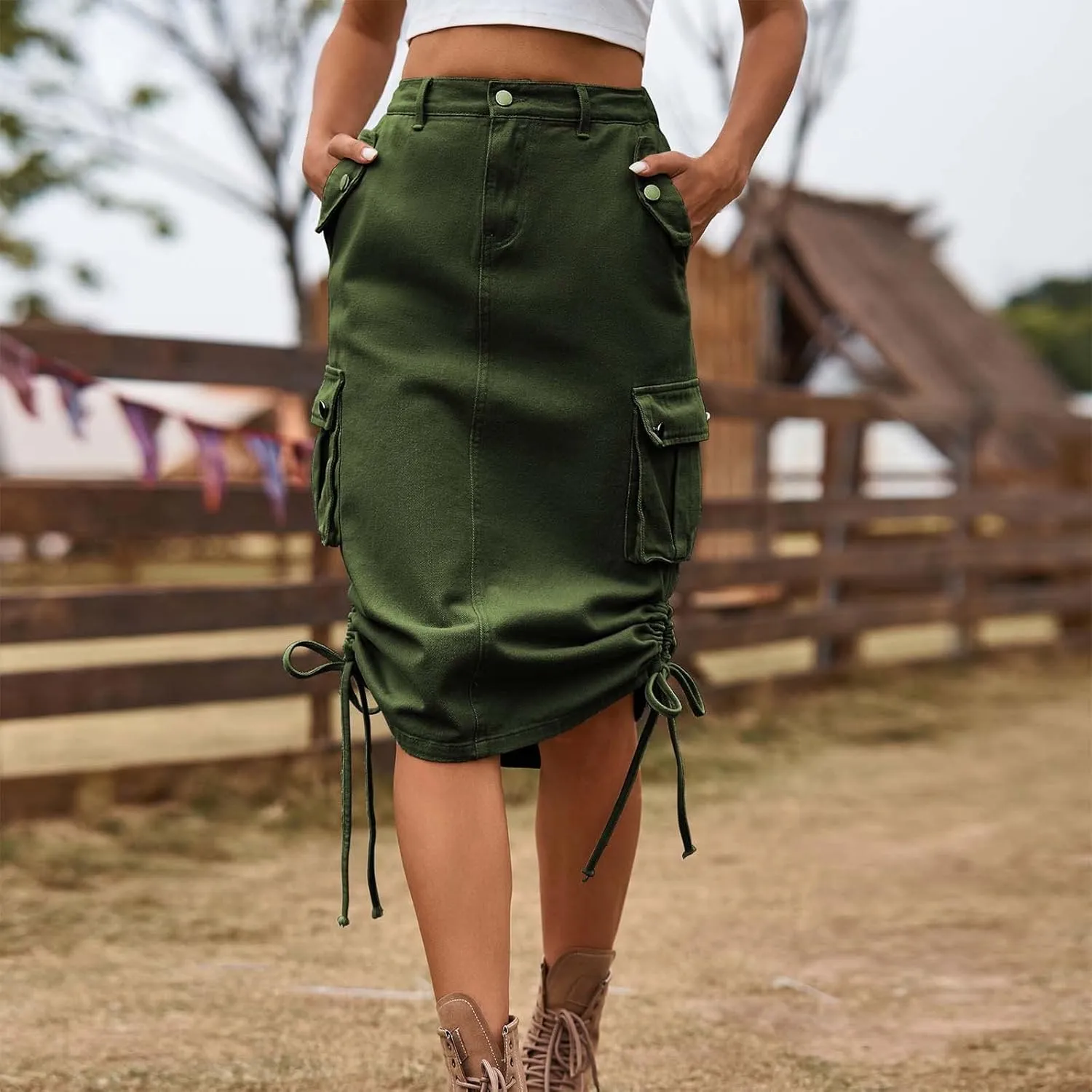 Women's Vintage 90s Midi Denim Skirt Drawstring Stretchy Zipper Pocket Drawstring Jean Skirt Pencil Long Cargo Skirt