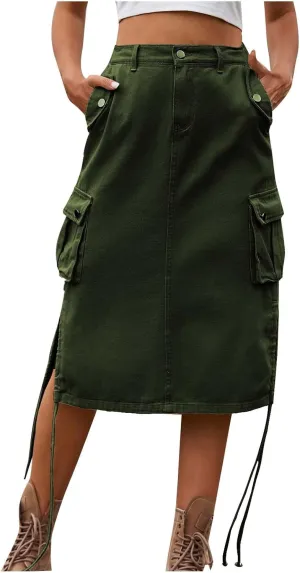 Women's Vintage 90s Midi Denim Skirt Drawstring Stretchy Zipper Pocket Drawstring Jean Skirt Pencil Long Cargo Skirt
