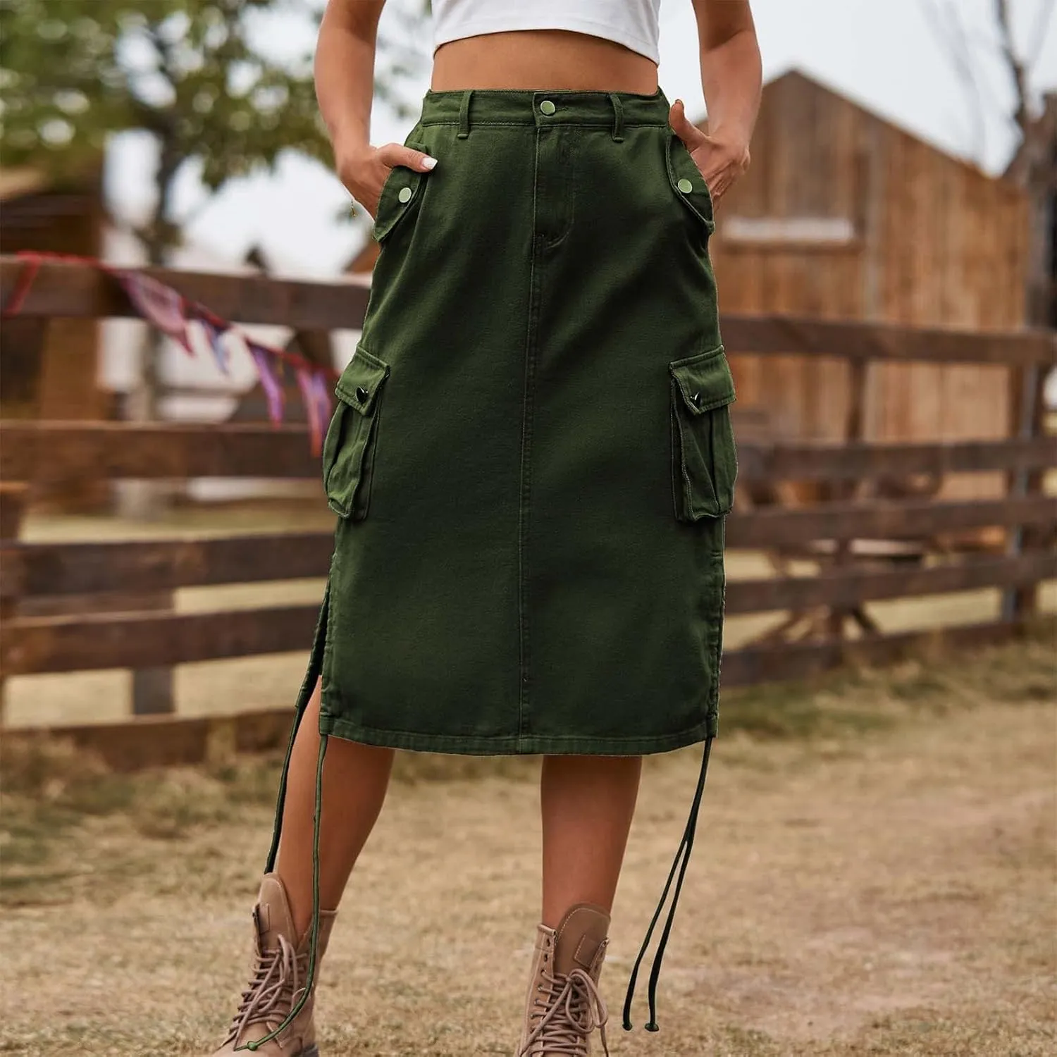 Women's Vintage 90s Midi Denim Skirt Drawstring Stretchy Zipper Pocket Drawstring Jean Skirt Pencil Long Cargo Skirt