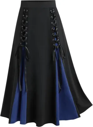 Womens Vintage Gothic Skirt Lace Up Patchwork Skirts High Waist Steampunk Medieval Pleated Color Block A-Line Dress