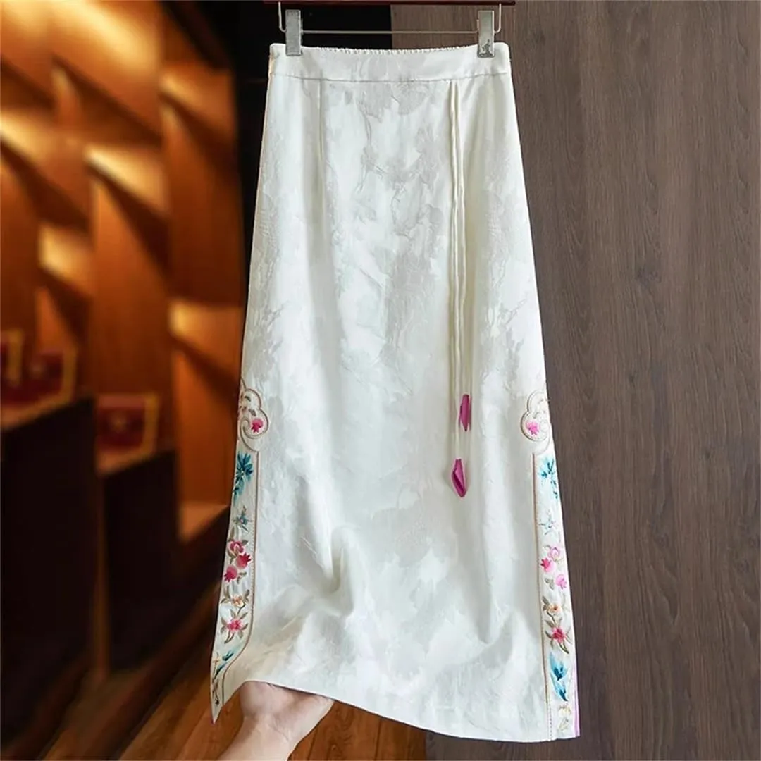 Women's Vintage Skirt Embroidery High-Waisted Long Chinese Style Slit A-Line Skirts