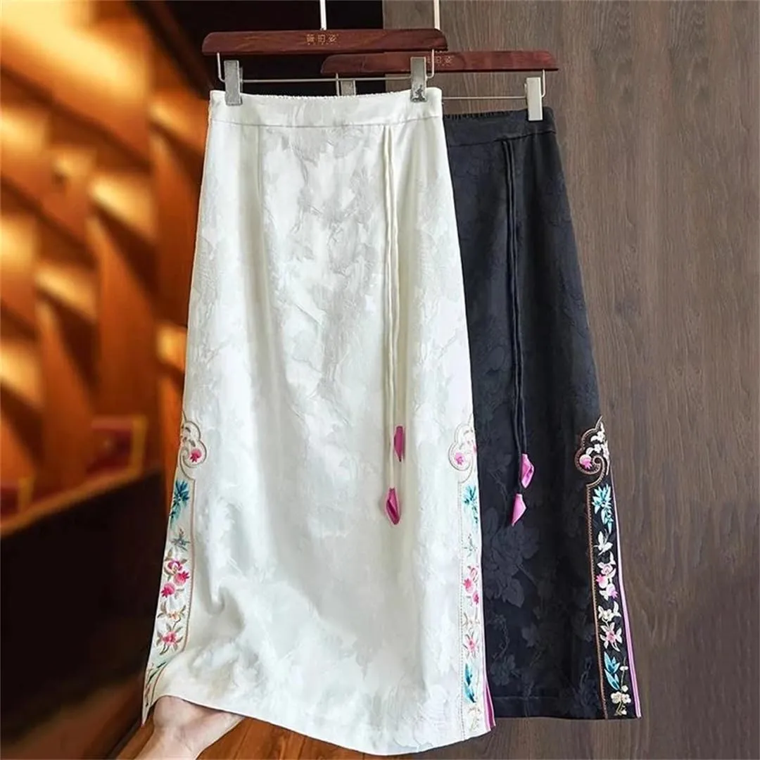 Women's Vintage Skirt Embroidery High-Waisted Long Chinese Style Slit A-Line Skirts