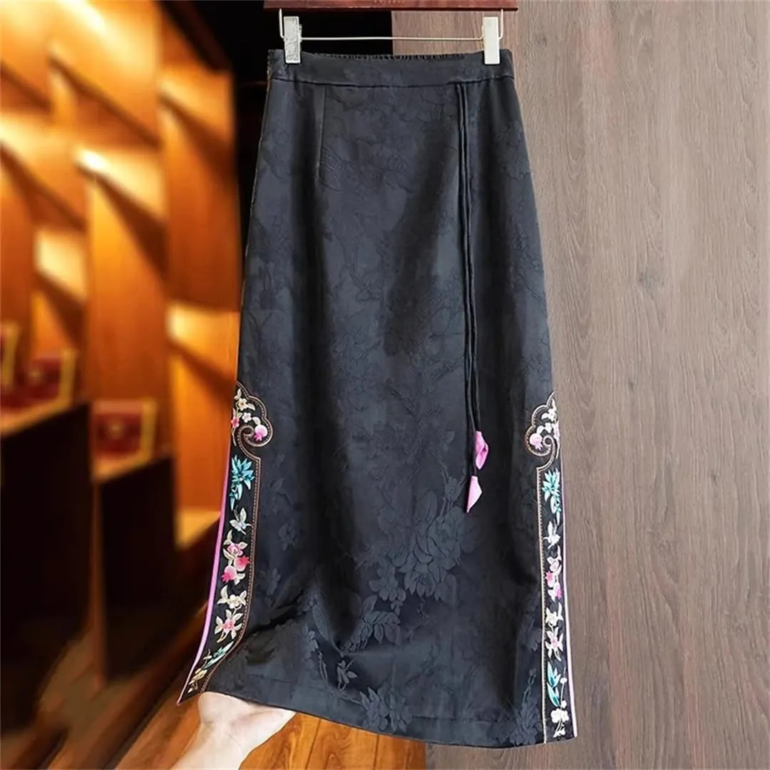 Women's Vintage Skirt Embroidery High-Waisted Long Chinese Style Slit A-Line Skirts