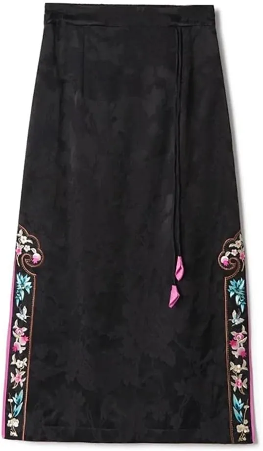 Women's Vintage Skirt Embroidery High-Waisted Long Chinese Style Slit A-Line Skirts
