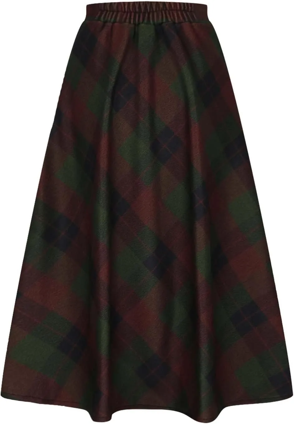 Women's Vintage Skirt High Waist Wool Blend Plaid Skirts A-Line Long Maxi Skirt Elastic Waist Stretchy Swing Skirts