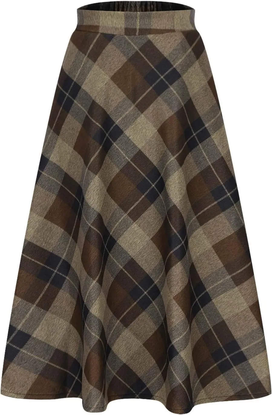 Women's Vintage Skirt High Waist Wool Blend Plaid Skirts A-Line Long Maxi Skirt Elastic Waist Stretchy Swing Skirts