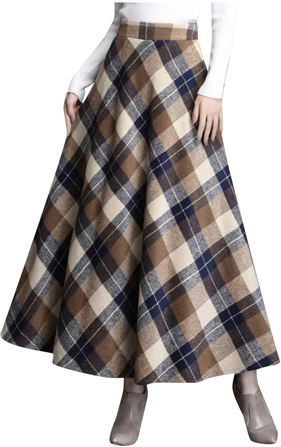 Women's Vintage Skirt High Waist Wool Blend Plaid Skirts A-Line Long Maxi Skirt Elastic Waist Stretchy Swing Skirts