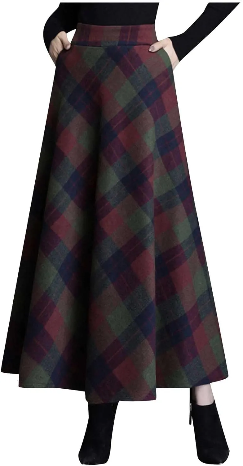 Women's Vintage Skirt High Waist Wool Blend Plaid Skirts A-Line Long Maxi Skirt Elastic Waist Stretchy Swing Skirts