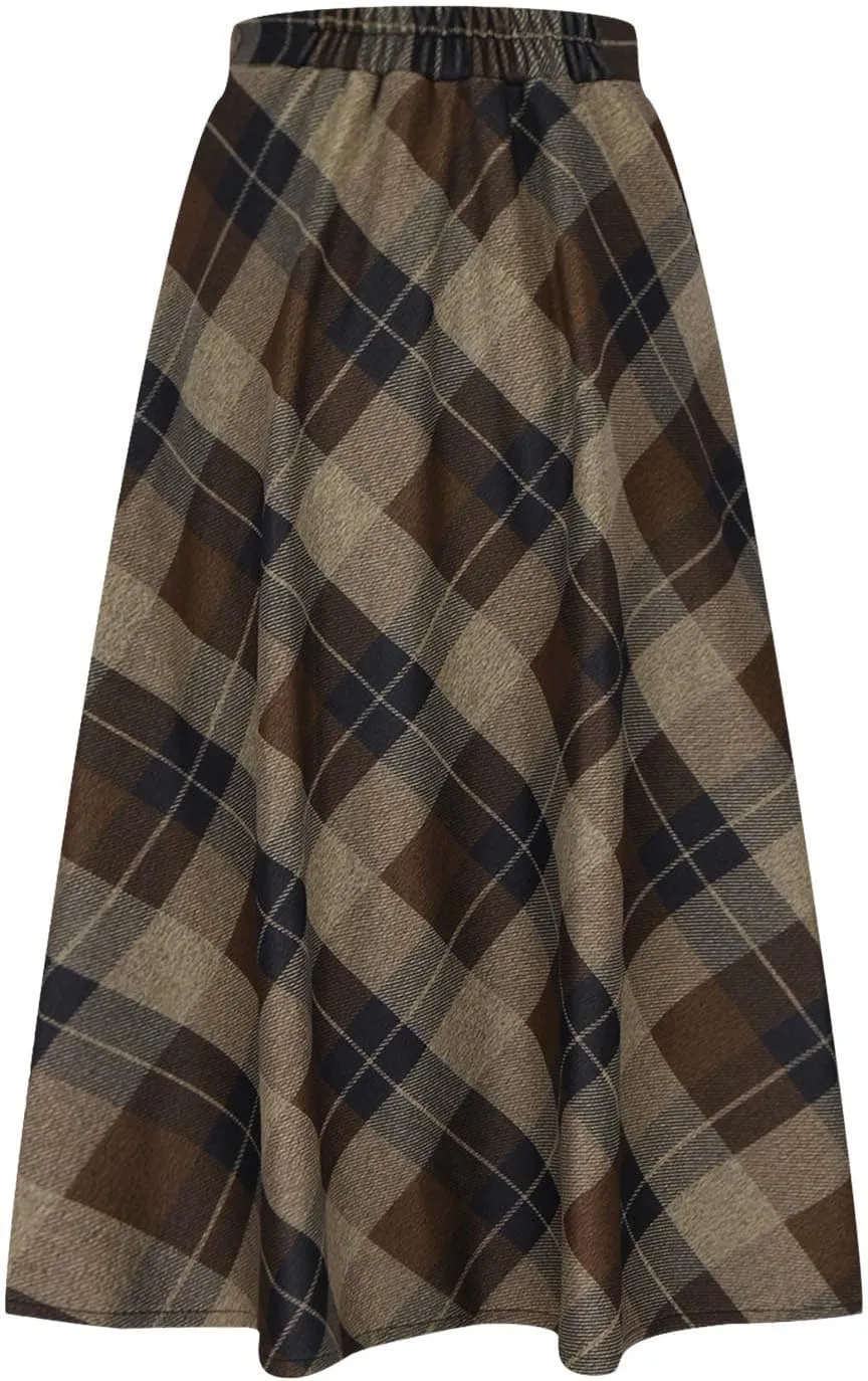 Women's Vintage Skirt High Waist Wool Blend Plaid Skirts A-Line Long Maxi Skirt Elastic Waist Stretchy Swing Skirts