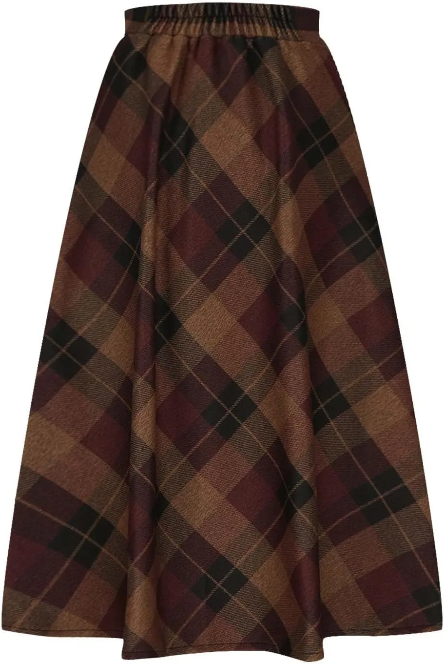 Women's Vintage Skirt High Waist Wool Blend Plaid Skirts A-Line Long Maxi Skirt Elastic Waist Stretchy Swing Skirts