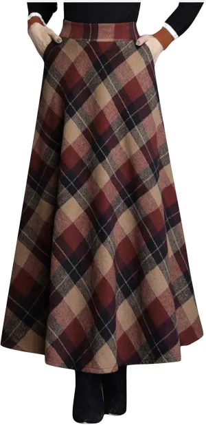 Women's Vintage Skirt High Waist Wool Blend Plaid Skirts A-Line Long Maxi Skirt Elastic Waist Stretchy Swing Skirts