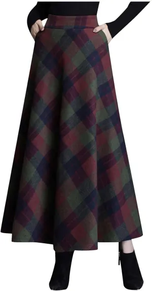 Women's Vintage Skirt High Waist Wool Blend Plaid Skirts A-Line Long Maxi Skirt Elastic Waist Stretchy Swing Skirts