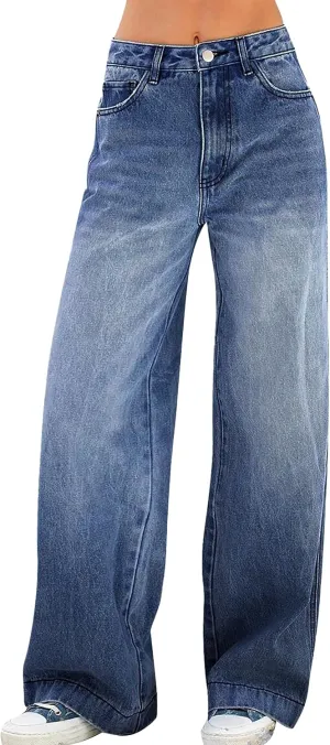 Womens Wide Leg Jeans - Baggy Loose Boyfriend Denim Pants