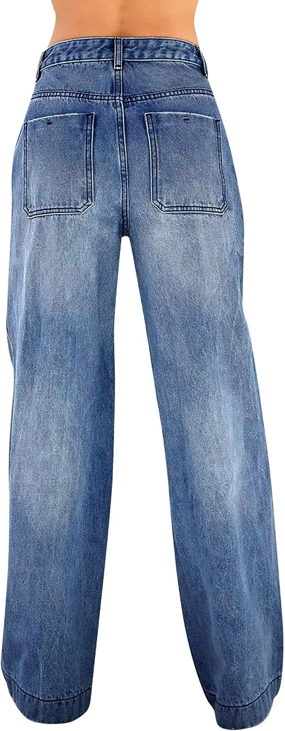Womens Wide Leg Jeans - Baggy Loose Boyfriend Denim Pants