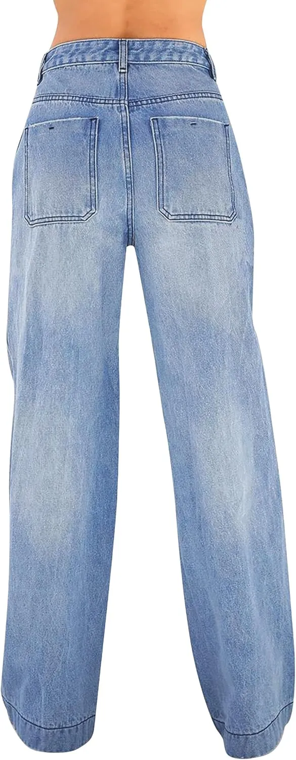 Womens Wide Leg Jeans - Baggy Loose Boyfriend Denim Pants