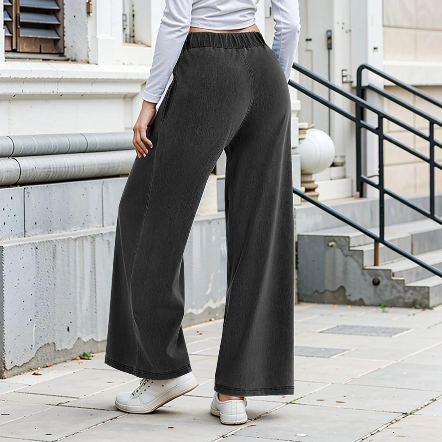 Womens Wide Leg Jeans Elastic Waist Mid Rise Baggy Loose Stretchy Trendy Casual Denim Pants with Pockets