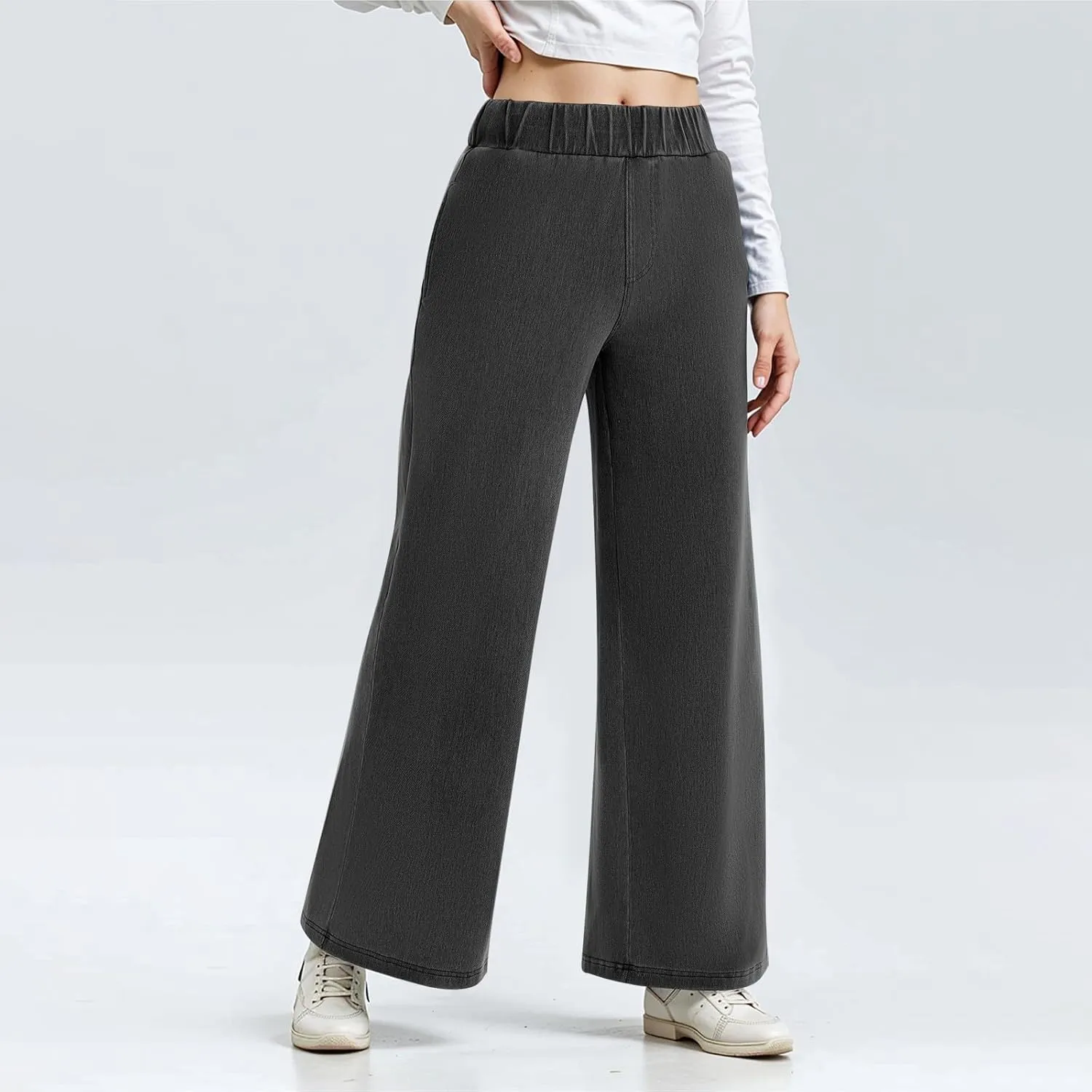 Womens Wide Leg Jeans Elastic Waist Mid Rise Baggy Loose Stretchy Trendy Casual Denim Pants with Pockets