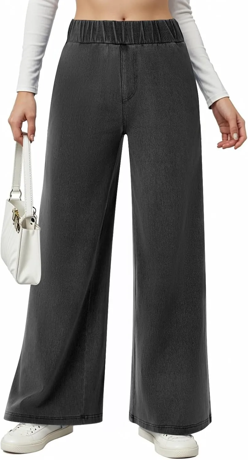 Womens Wide Leg Jeans Elastic Waist Mid Rise Baggy Loose Stretchy Trendy Casual Denim Pants with Pockets