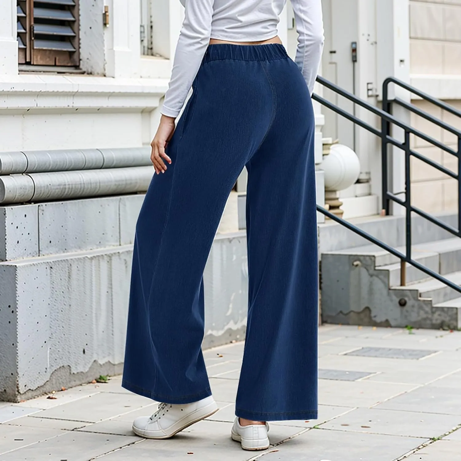 Womens Wide Leg Jeans Elastic Waist Mid Rise Baggy Loose Stretchy Trendy Casual Denim Pants with Pockets